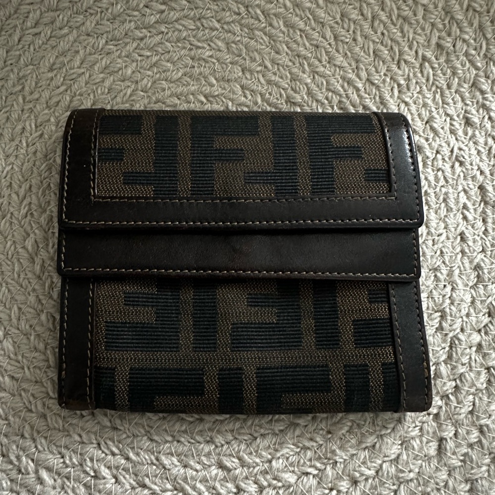 FENDI Zucca Canvas Leather Trifold Wallet Brown